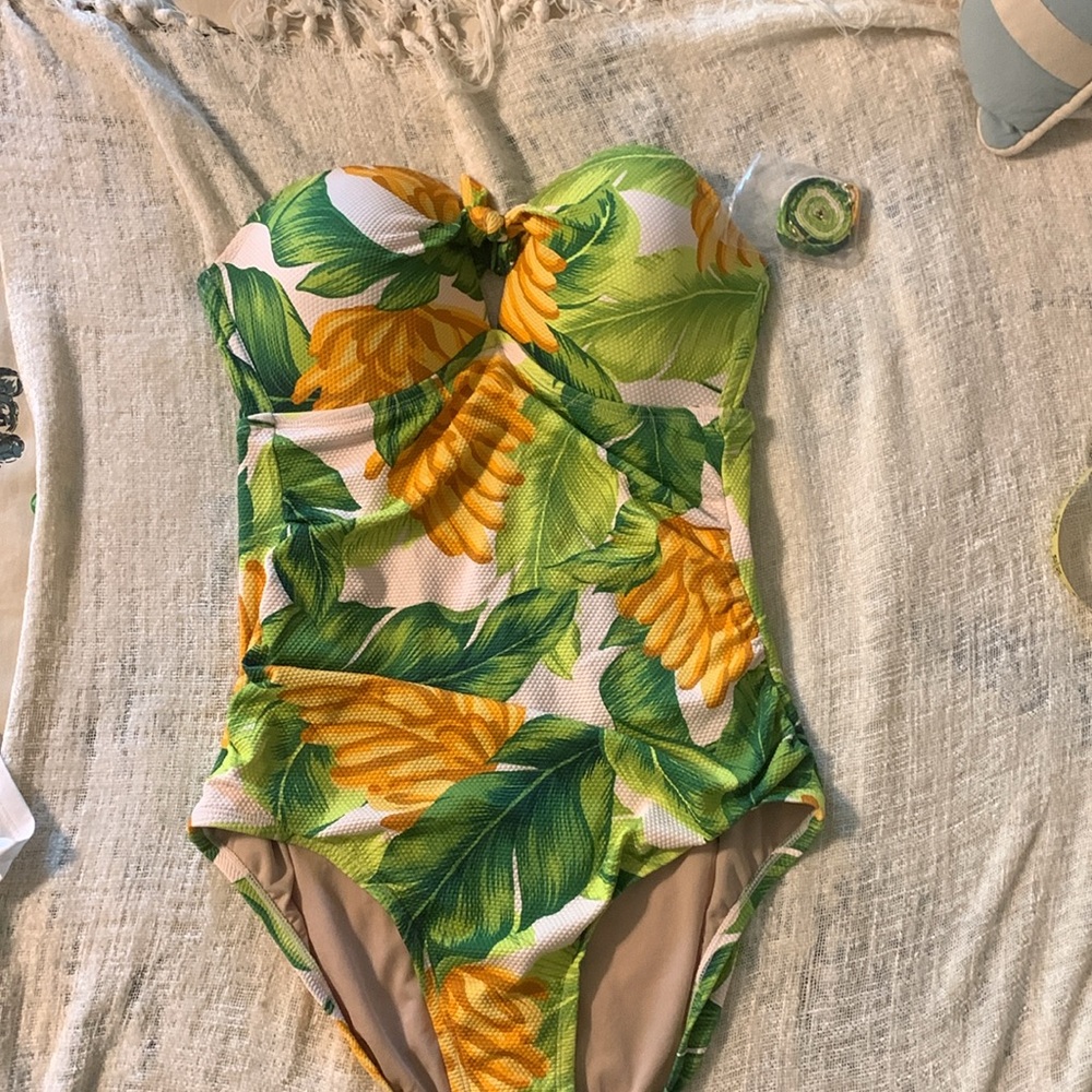 Kona Sol Green and Yellow One Piece Swimsuit Tropical Print